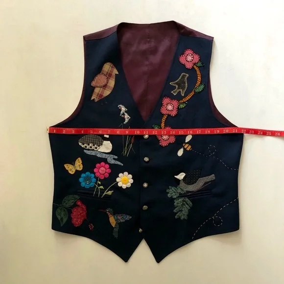 Vintage Handmade Funky Art Appliqué Embroidered Birds Flowers Unisex Vest - Picture 12 of 13